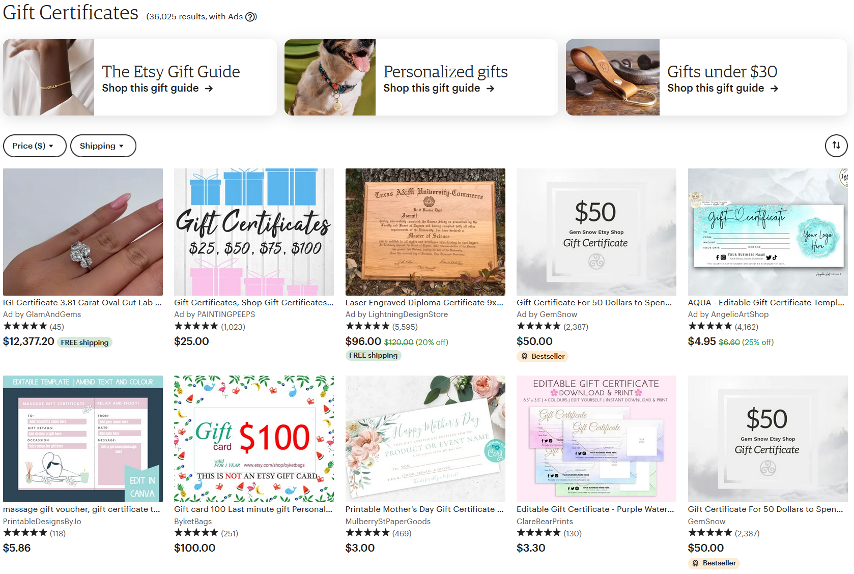 etsy gift certificates